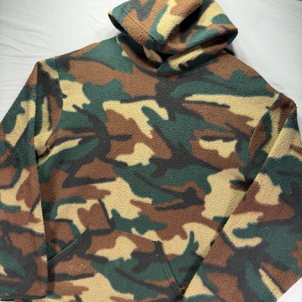 Vintage Woodland Camo Hoodie Mens Large Fleece Pullover Sweatshirt Hunting Boxy